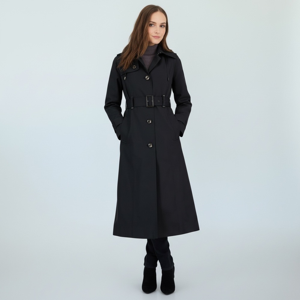 NWT London Fog Black Hooded Belted‎ Maxi Trench Coat Size Large